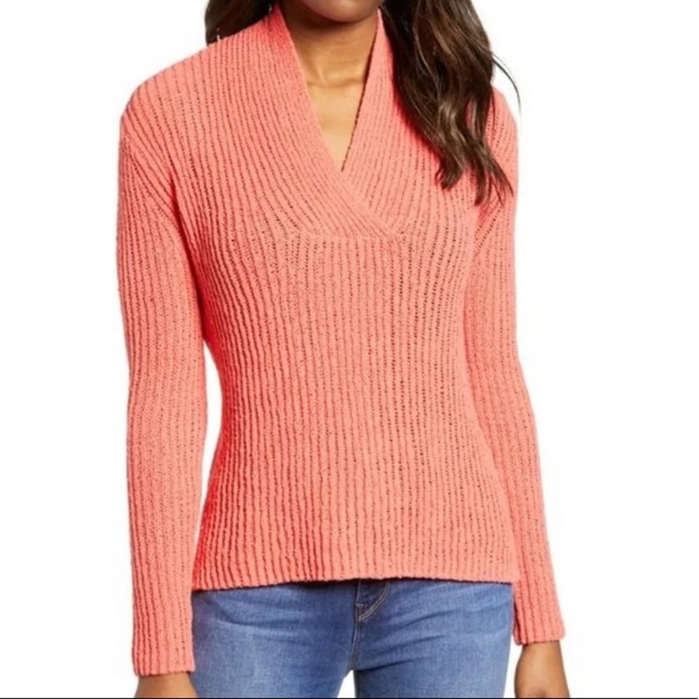 Caslon Pink Split V Neck Rib Knit Sweater Long sleeve pullover